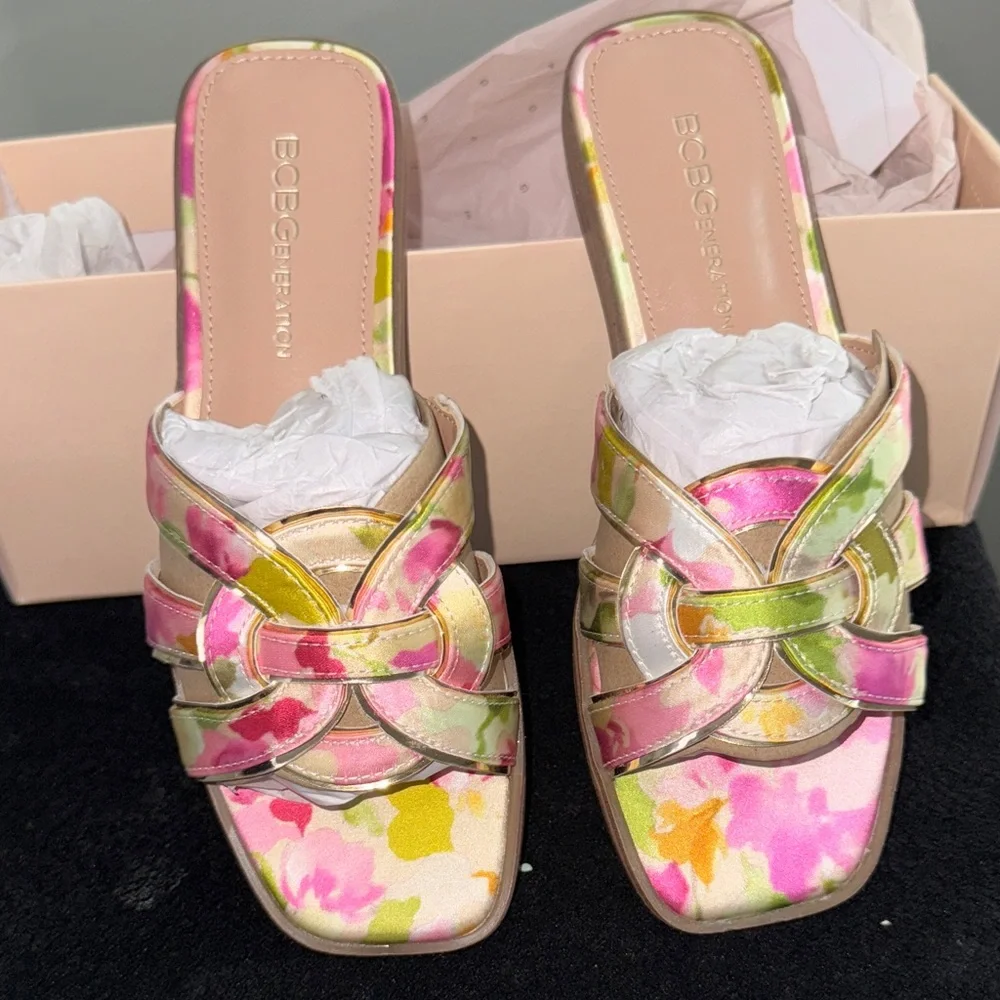 NWT-BCBGeneration Pink and Yellow Floral Sandals - Picture 6 of 8